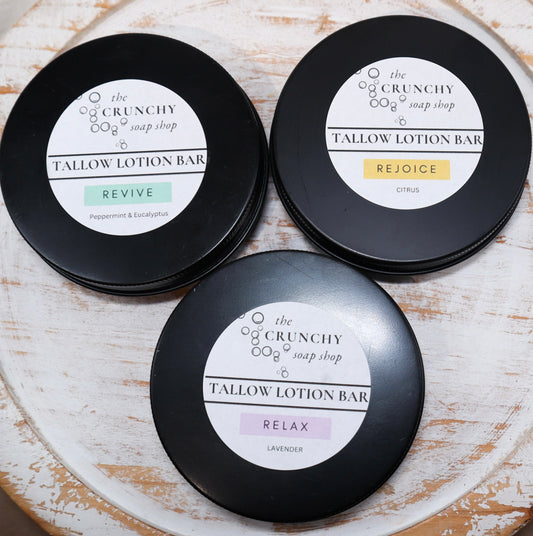 Tallow Lotion Bar | Grass Fed Suet Tallow, Shea Butter & Beeswax | Essential Oils | Tin Container | On-the-Go Moisturizer